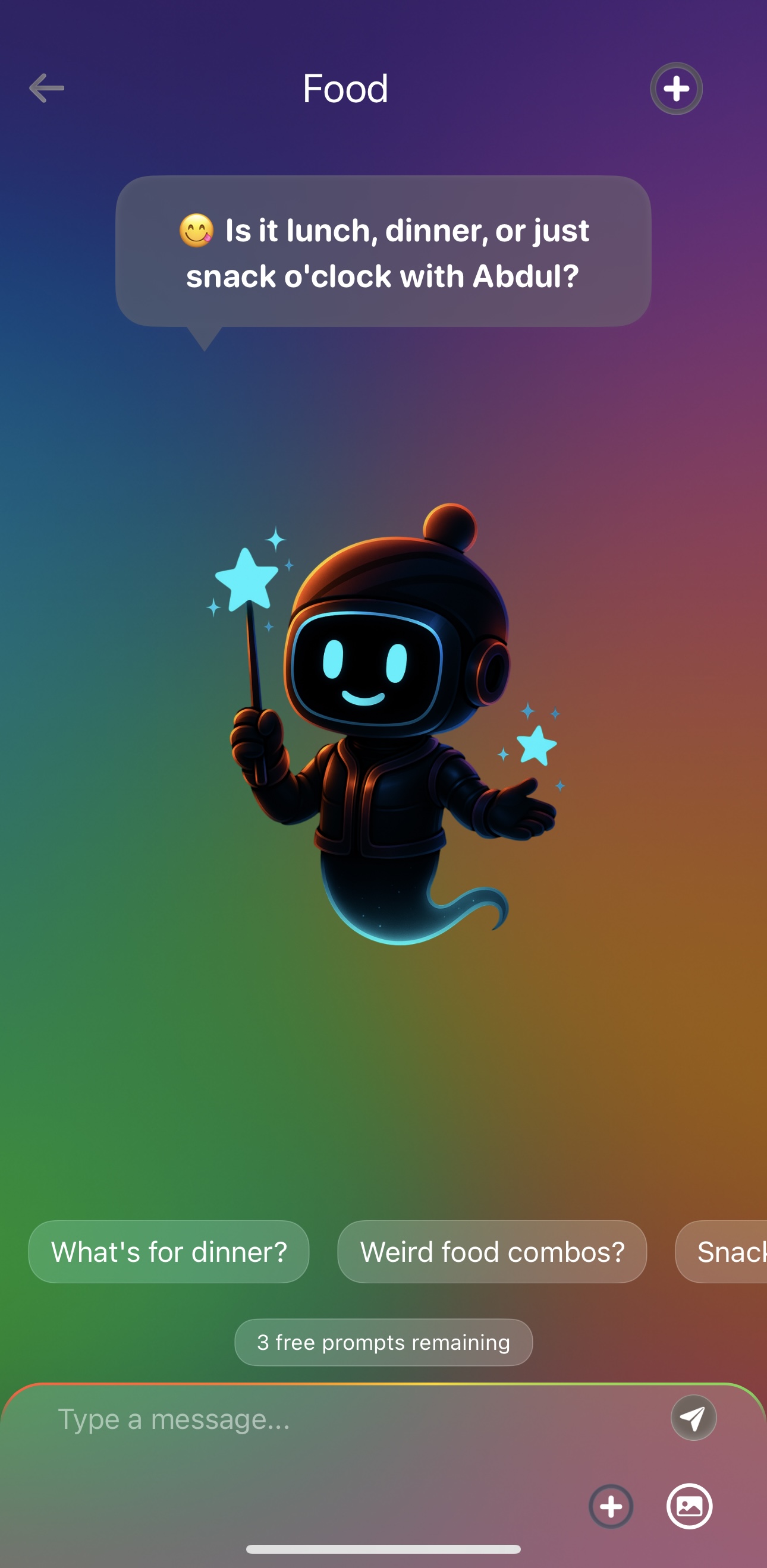 Abdul with magic wand asking about meal preferences